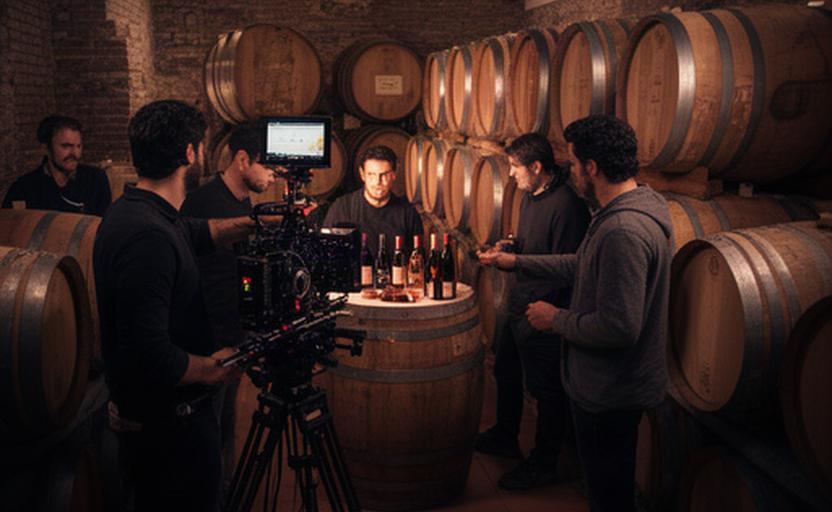 Equipo de cámara rodando una escena entre barricas de una bodega de Castilla y León