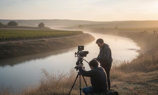 Ribera del Duero al amanecer con un equipo documental preparando la cámara