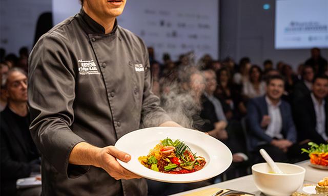 Cocinero presentando un plato en un congreso de gastronomía rural