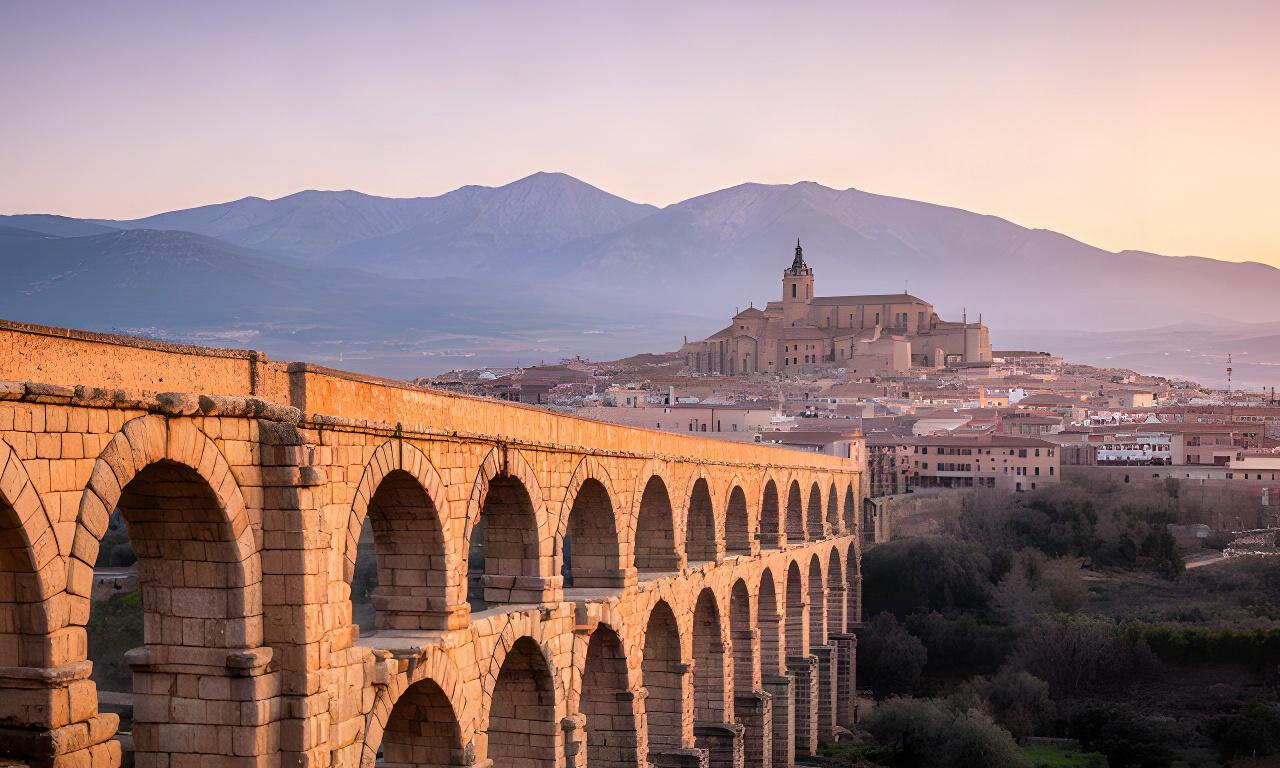 Amanecer sobre el acueducto de Segovia con la sierra y la ciudad al fondo