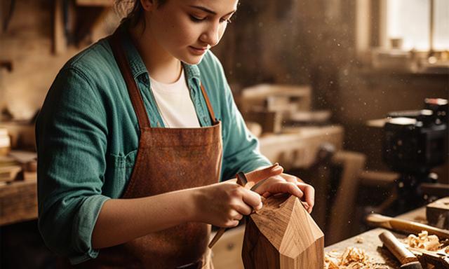 Joven artesana trabajando la madera en un taller durante un programa de televisión