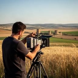 Director de fotografía ajustando una cámara frente a un paisaje de campos de Castilla