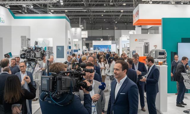 Equipo de televisión cubriendo una feria industrial con visitantes y expositores