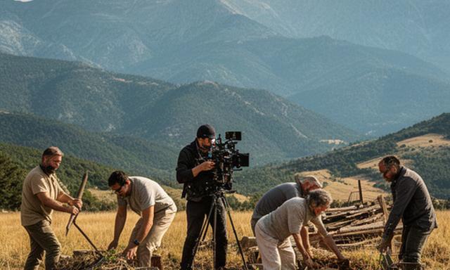 Equipo audiovisual siguiendo una actividad rural en un paisaje de la sierra de Guadarrama