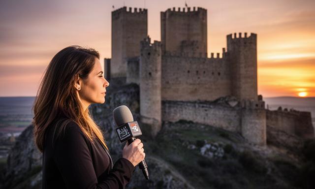 Castillo medieval de Castilla y León al atardecer con una reportera en primer plano