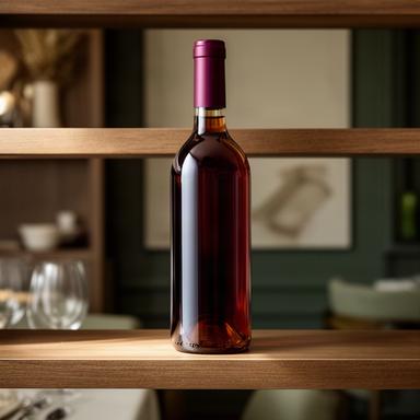 Botella de vino joven colocada en una estantería de un establecimiento hostelero