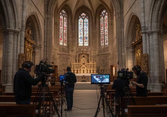 Equipo de realización preparando una retransmisión dentro de un templo histórico de Segovia