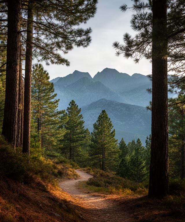 Sendero entre pinos del Parque Nacional de Guadarrama con montañas al fondo
