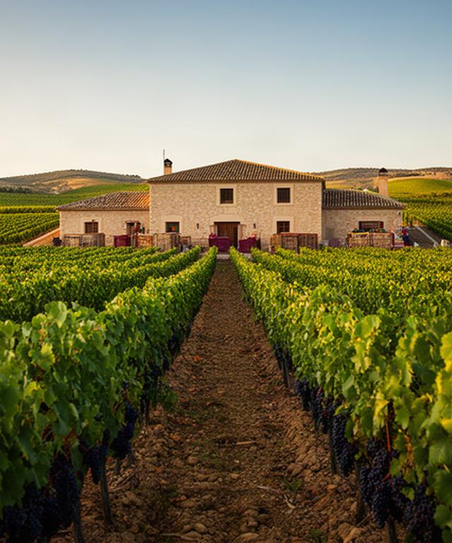 Bodega de Castilla y León rodeada de viñedos verdes durante la vendimia