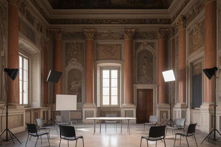 Salón de actos de un palacio renacentista preparado para un programa de debate