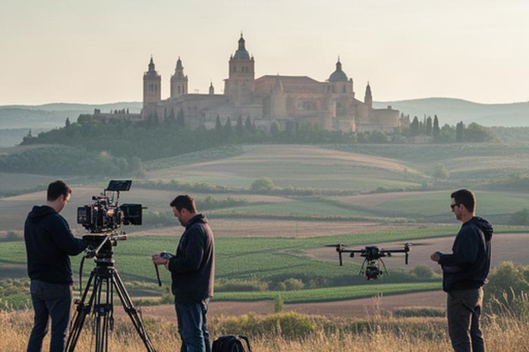 Equipo de rodaje con cámara y drone frente a un paisaje de campos y arquitectura histórica de Segovia